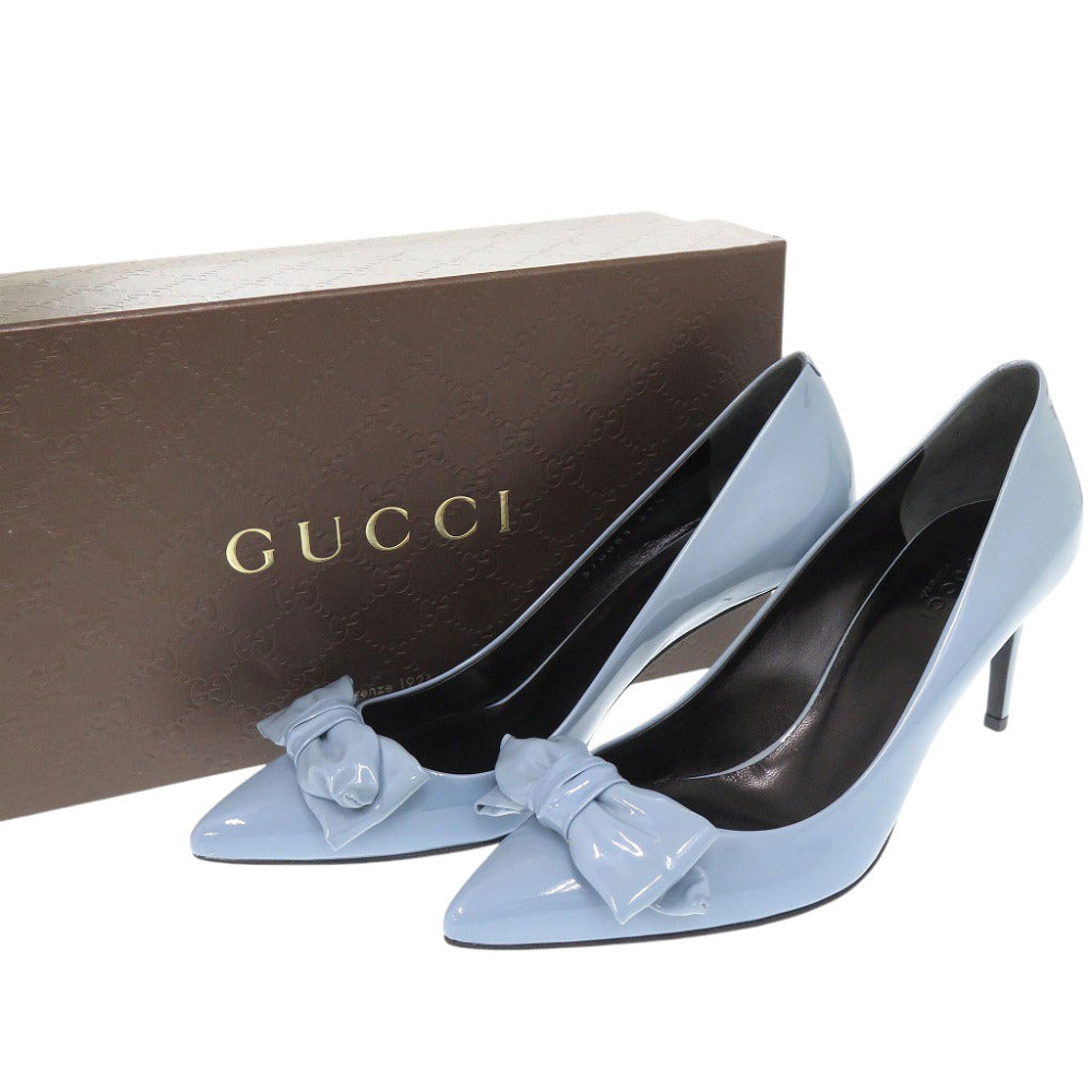 未使用品 グッチ エナメル リボン ポインテッドトゥ 370851 ブルー パンプス 青 1906【中古】GUCCI