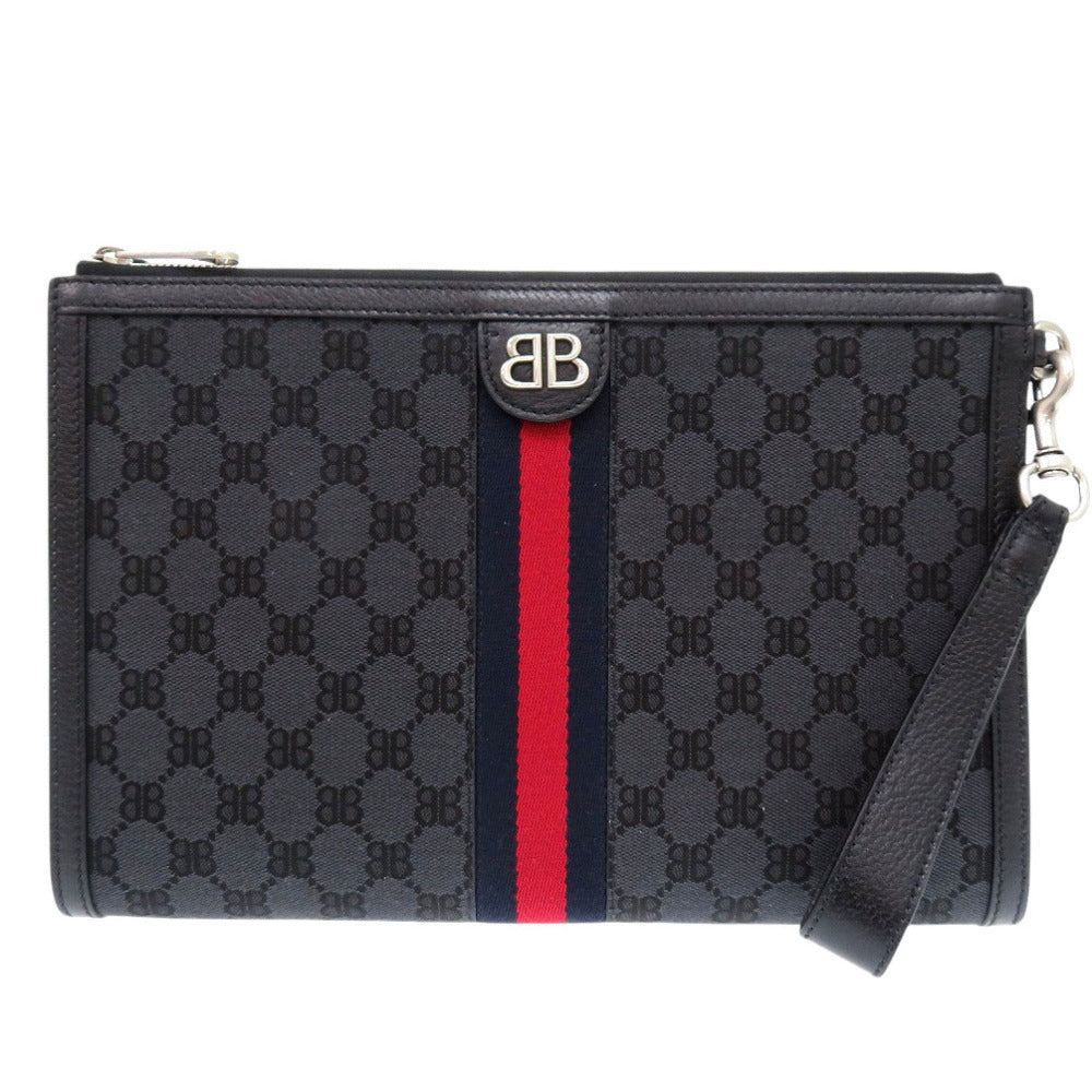 新品同様 バレンシアガ ザ ハッカープロジェクト グッチコラボ シェリーライン 680382 PVC レザー ブラック  クラッチバッグ 黒 1929【中古】BALENCIAGA