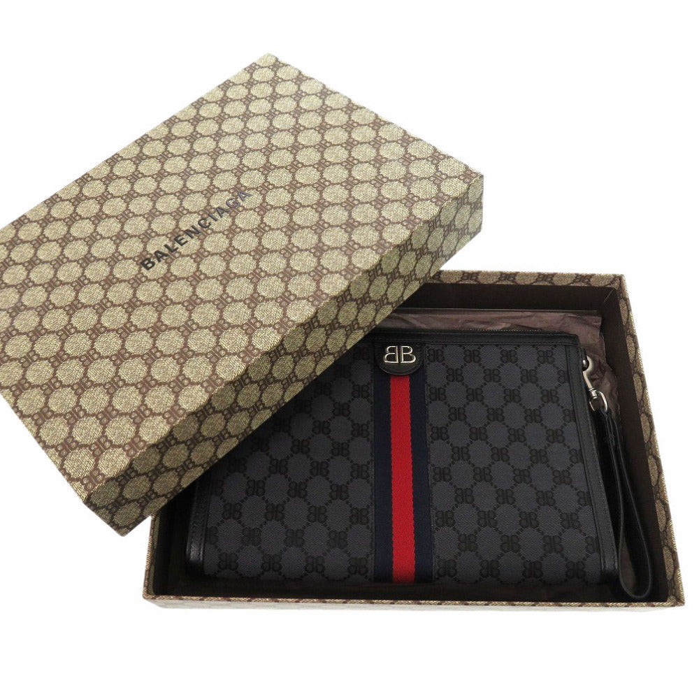 新品同様 バレンシアガ ザ ハッカープロジェクト グッチコラボ シェリーライン 680382 PVC レザー ブラック  クラッチバッグ 黒 1929【中古】BALENCIAGA