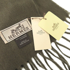美品 エルメス 393622T H6 カシミヤ カーキ マフラー 0104【中古】HERMES
