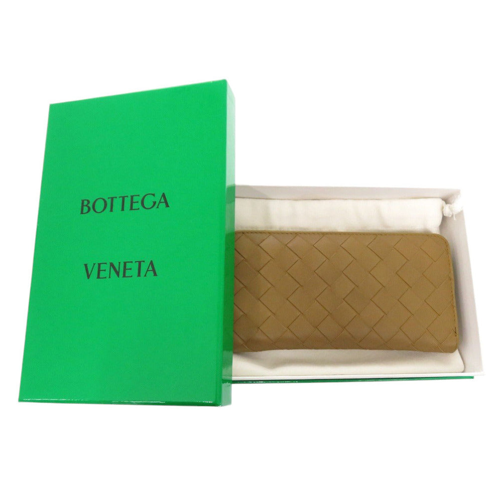 美品 ボッテガヴェネタ イントレチャート レザー ブラウン ラウンドファスナー 長財布 茶 0387【中古】BOTTEGAVENETA