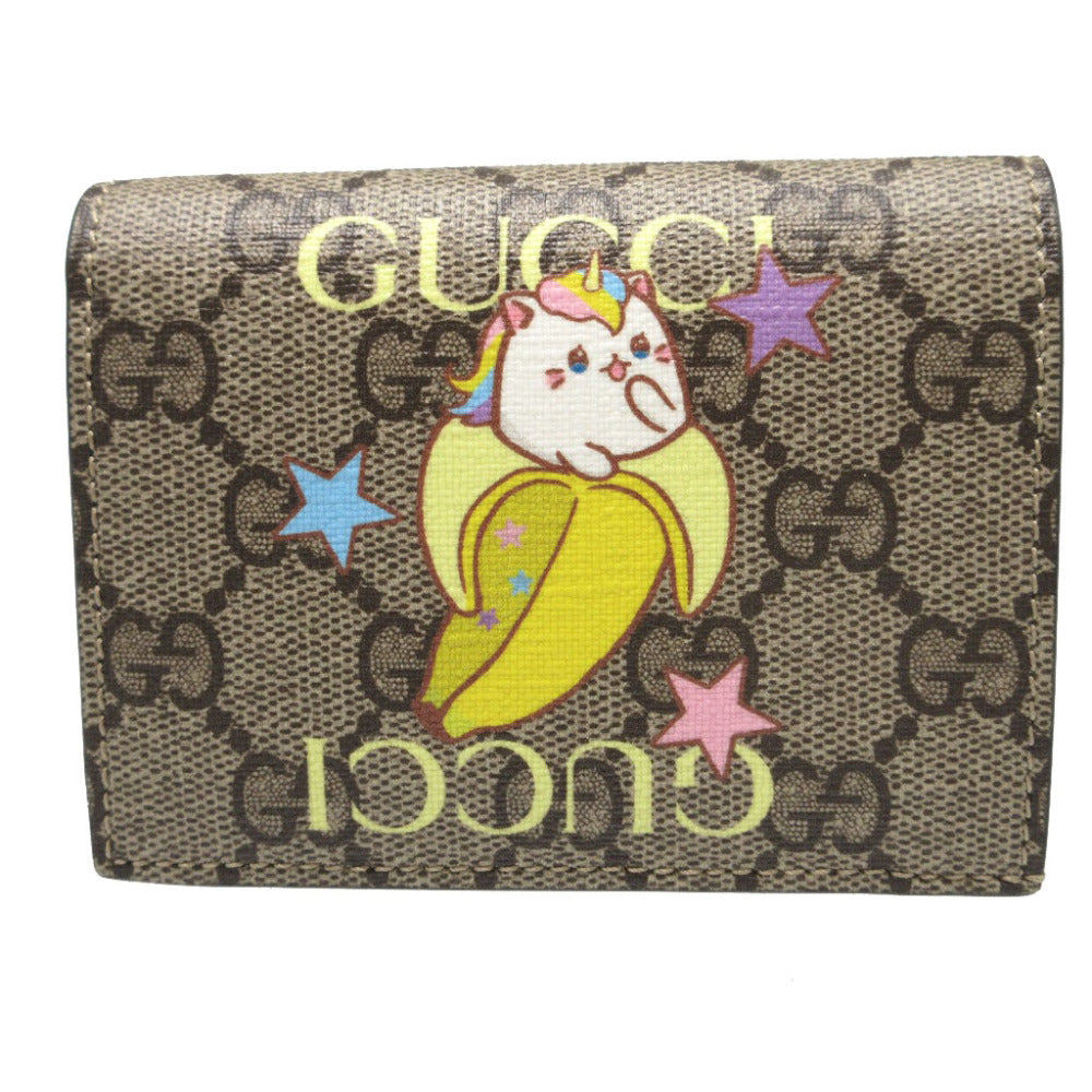 新品同様 グッチ ばなにゃコラボ 701009 コンパクトウォレット GGスプリーム レザー ベージュ 2つ折り財布 財布 0388【中古】GUCCI