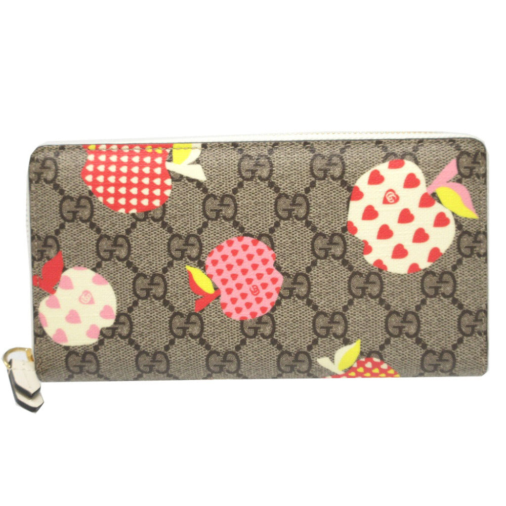 新品同様 グッチ レポム アップル ハート 663924 リンゴ GGスプリーム レザー ベージュ ホワイト 白 ラウンドファスナー長財布 財布 0427【中古】GUCCI