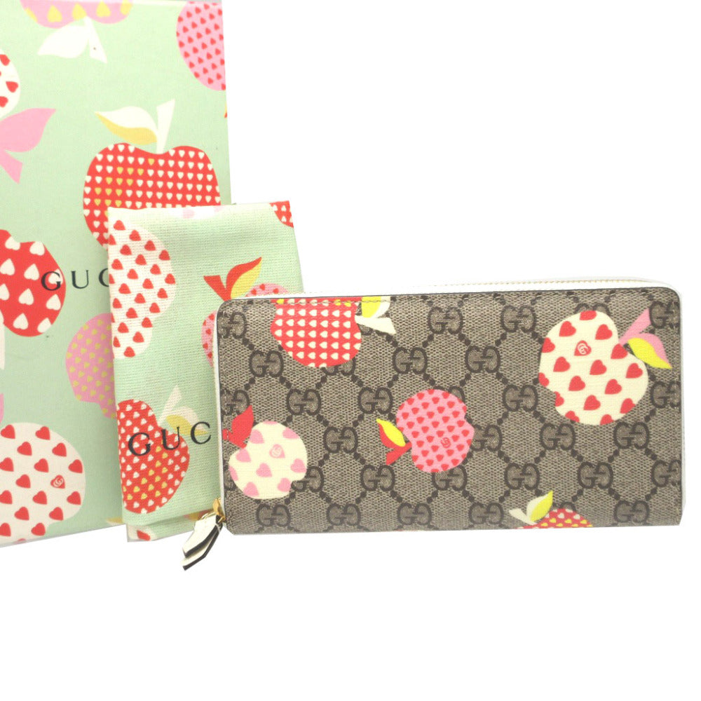 新品同様 グッチ レポム アップル ハート 663924 リンゴ GGスプリーム レザー ベージュ ホワイト 白 ラウンドファスナー長財布 財布 0427【中古】GUCCI