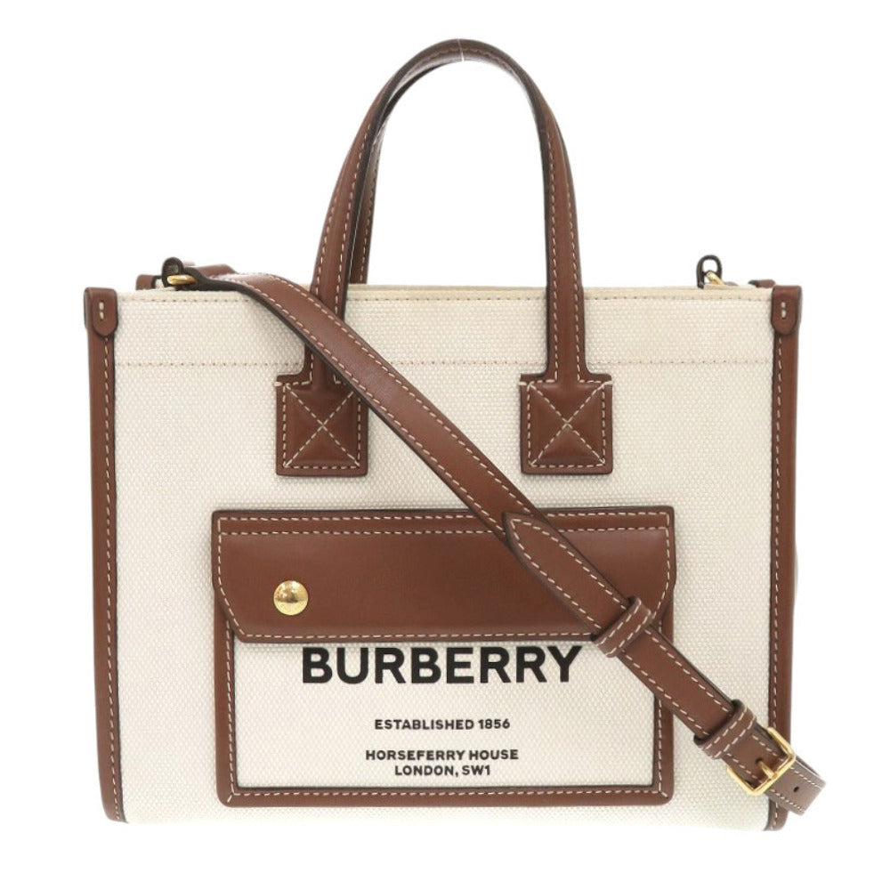 バーバリー ミニフレヤトート 8044143 キャンバス/レザー ベージュ ショルダーバッグ 0429【中古】BURBERRY