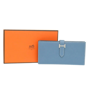 新品同様 エルメス ベアンスフレ ヴォーエプソン ブルージーン □R刻印(2014年製) 長財布 青 0466【中古】HERMES