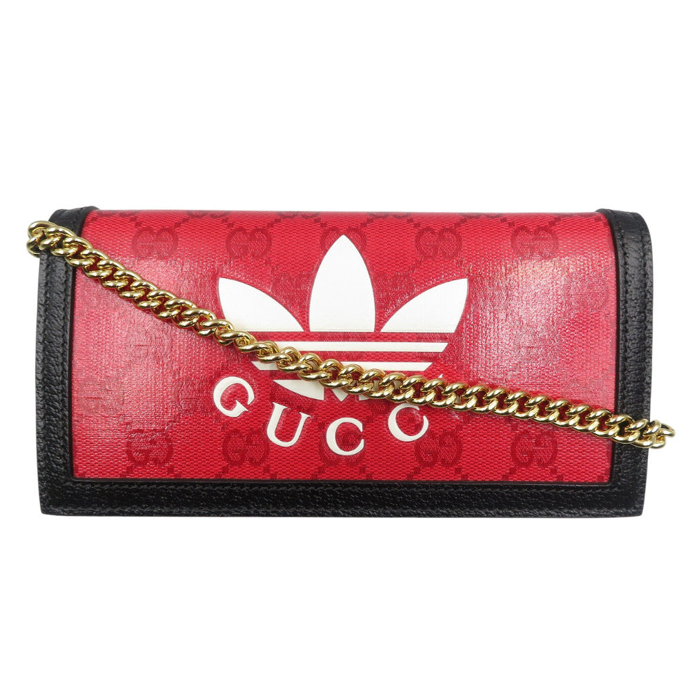 未使用 グッチ GUCCI×adidas 621892 GGクリスタルキャンバス レザー レッド ブラック チェーンウォレット 長財布 0538【中古】GUCCI