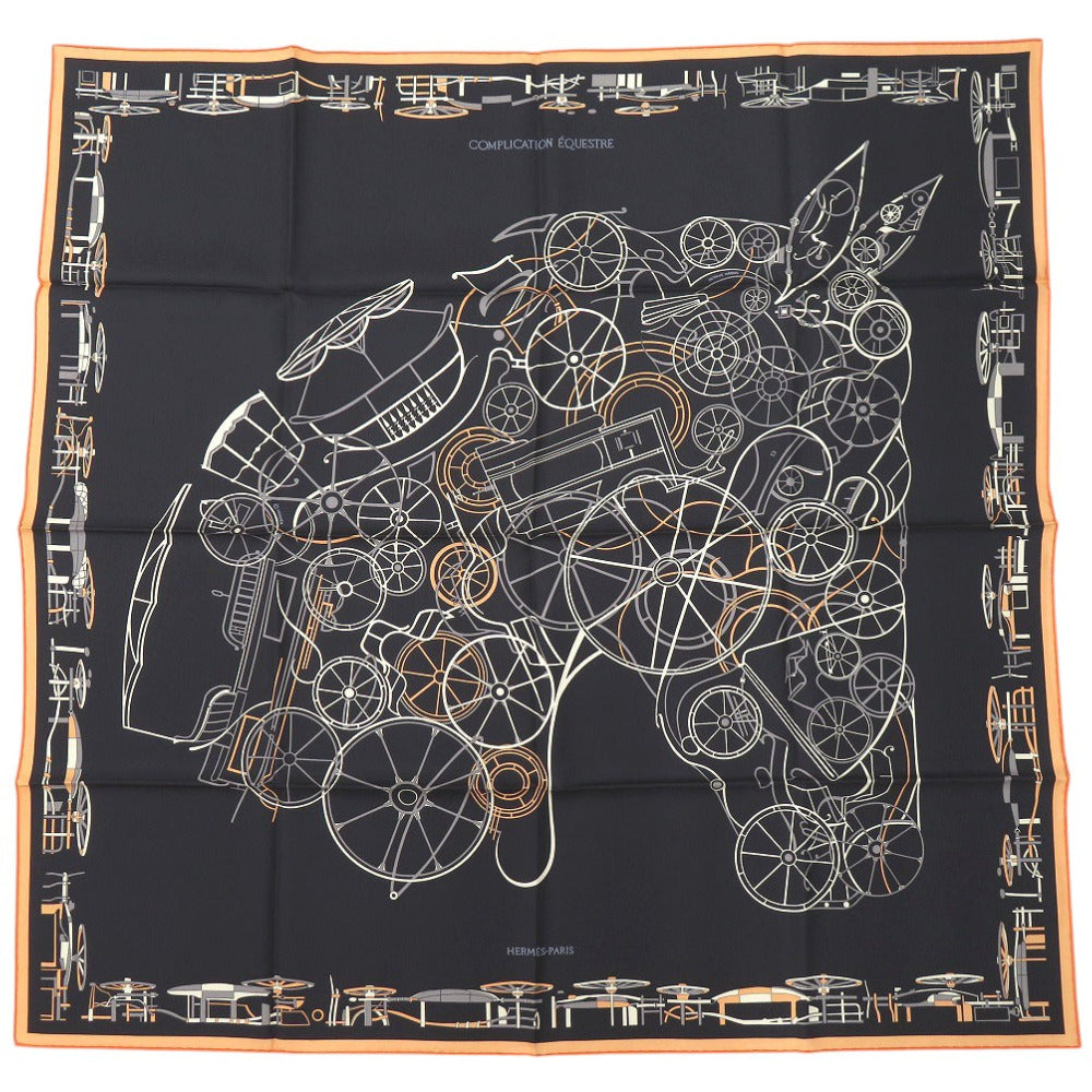未使用品 エルメス カレ90 コンプリケーション エケストル COMPLICATION EQUESTRE ツイルスカーフ シルク NOIR 0555【中古】HERMES
