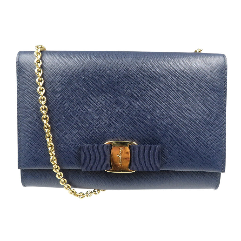 美品 サルヴァトーレフェラガモ ヴァラ AU-22/B558 レザー ゴールド金具 ネイビー チェーン ショルダーバッグ 0662【中古】Salvatore Ferragamo