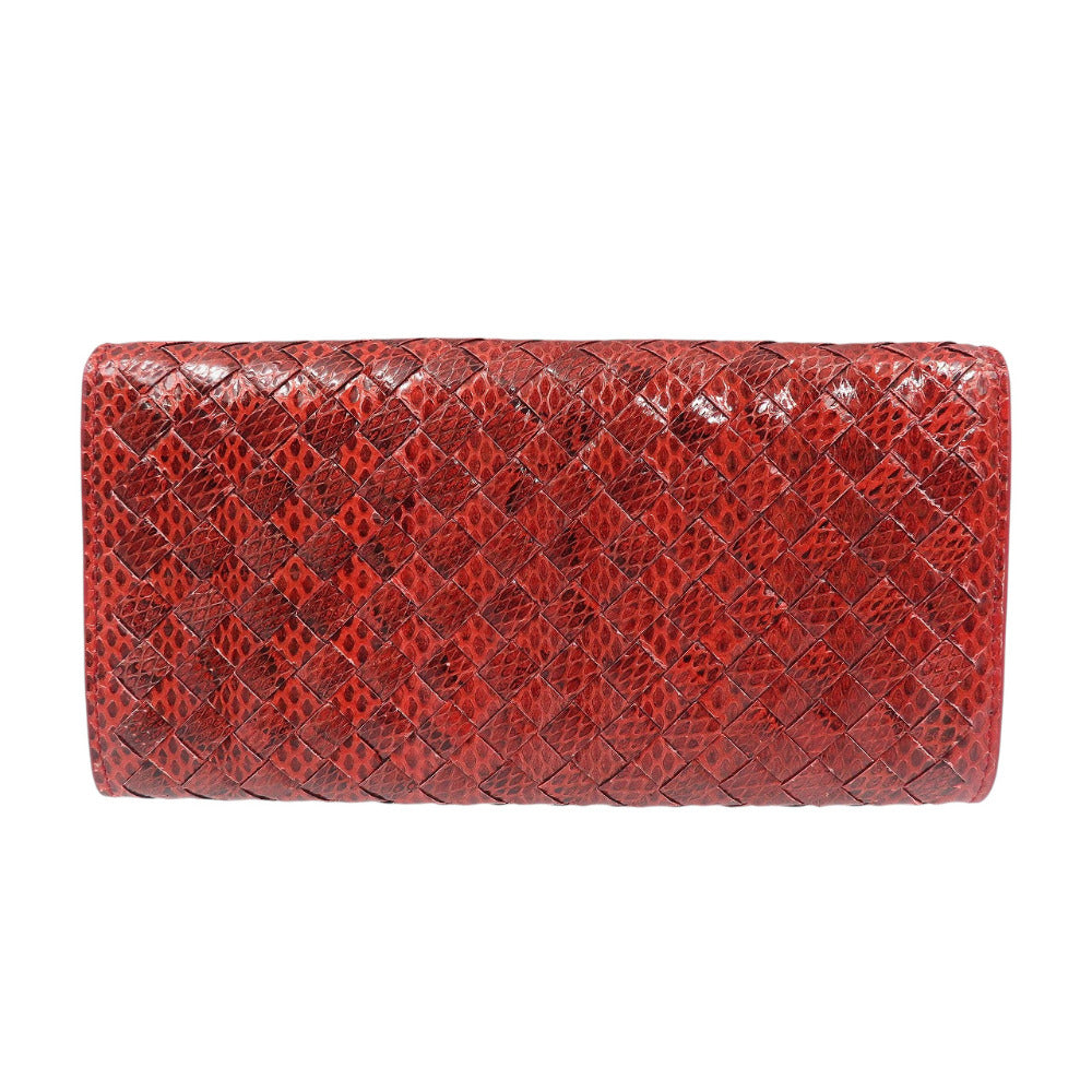 新品同様 ボッテガヴェネタ イントレチャート レザー レッド 二つ折り長財布 0665【中古】BOTTEGA VENETA
