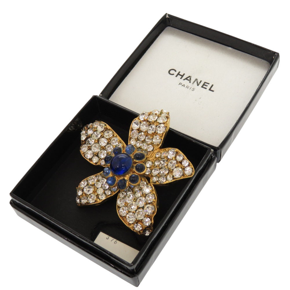 美品 シャネル フラワー モチーフ ストーン ブルー ゴールド ブローチ アクセサリー 青石 0998 【中古】 CHANEL