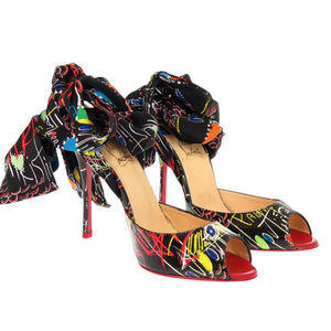 未使用 クリスチャンルブタン サイズ37.5 パテントレザー/シルク ブラック パンプス マルチカラー 1002【中古】Christian Louboutin