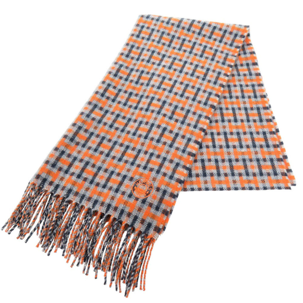 未使用品 エルメス Hエコセ H394083T カシミヤ ブルー オレンジ マフラー 1059【中古】HERMES メンズ
