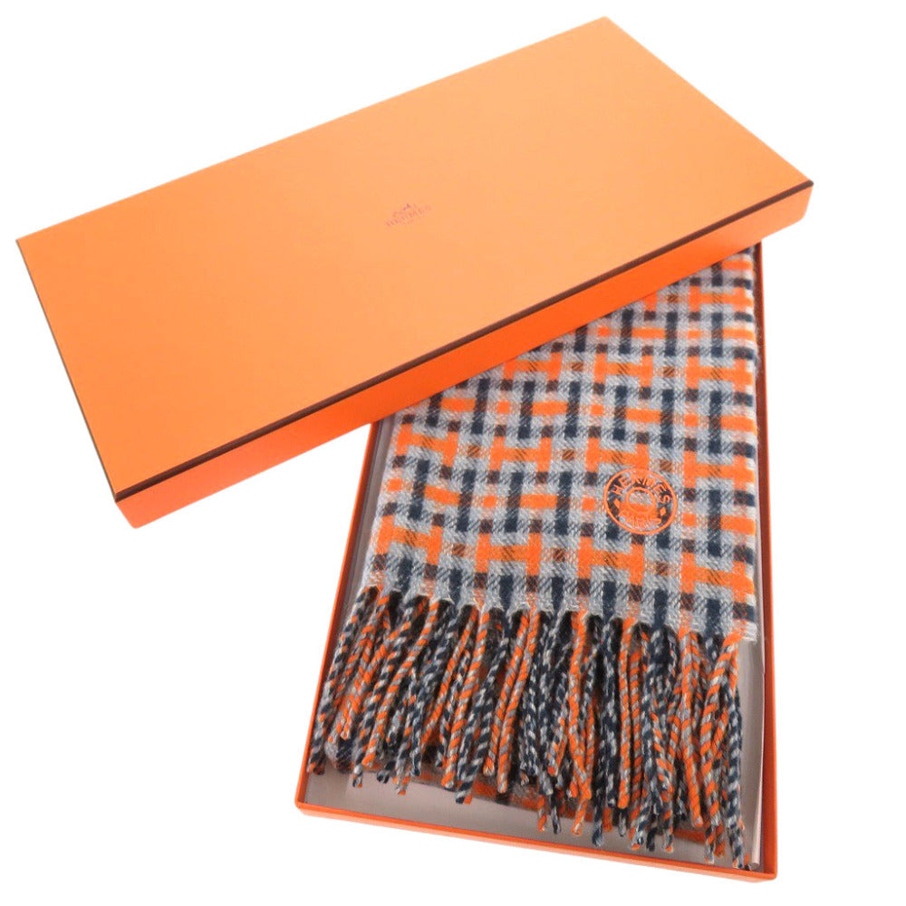 未使用品 エルメス Hエコセ H394083T カシミヤ ブルー オレンジ マフラー 1059【中古】HERMES メンズ