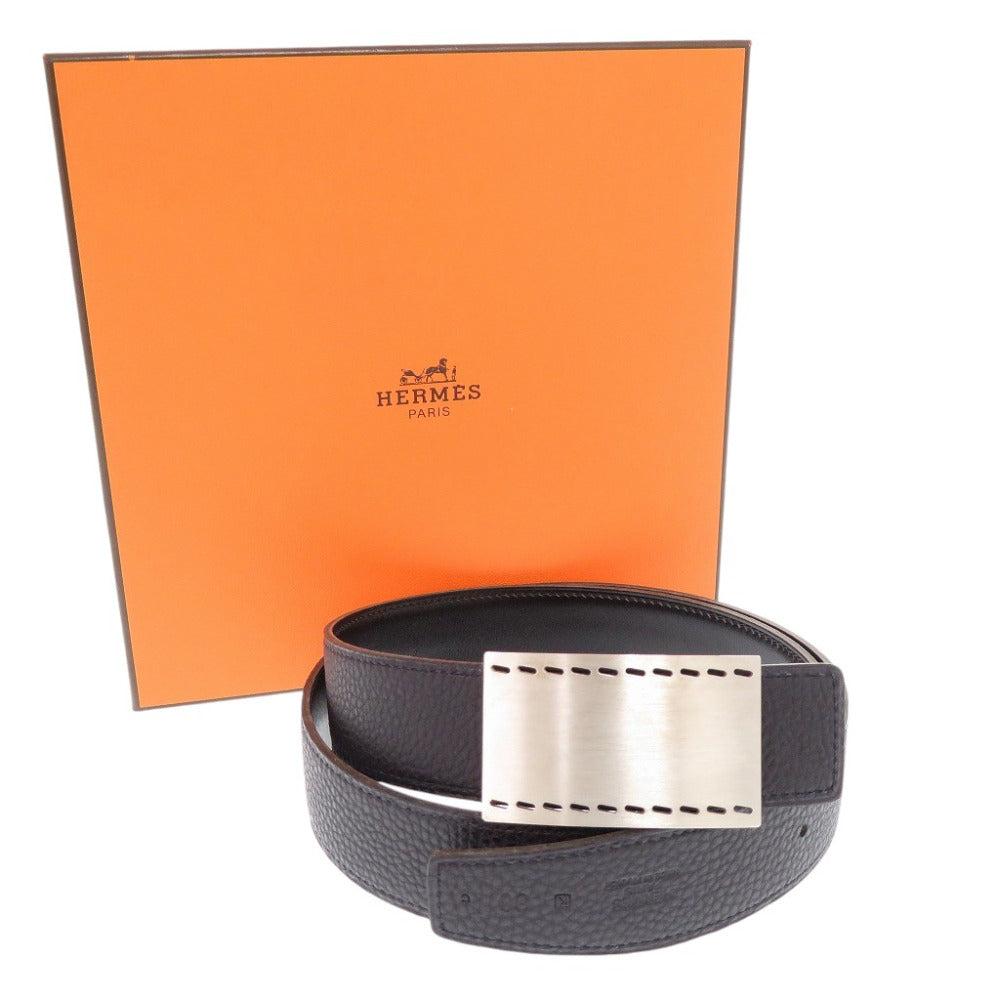 新品同様 エルメス スクエアバックル レザー ブルーニュイ ブラック □K刻印(2007年製) ベルト 1081【中古】HERMES メンズ