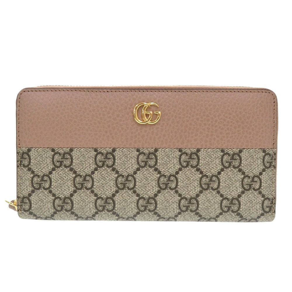 新品同様 グッチ GGマーモント 456117 GGスプリーム レザー ピンク ベージュ ラウンドファスナー 長財布 1092【中古】GUCCI