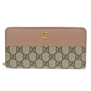 新品同様 グッチ GGマーモント 456117 GGスプリーム レザー ピンク ベージュ ラウンドファスナー 長財布 1092【中古】GUCCI