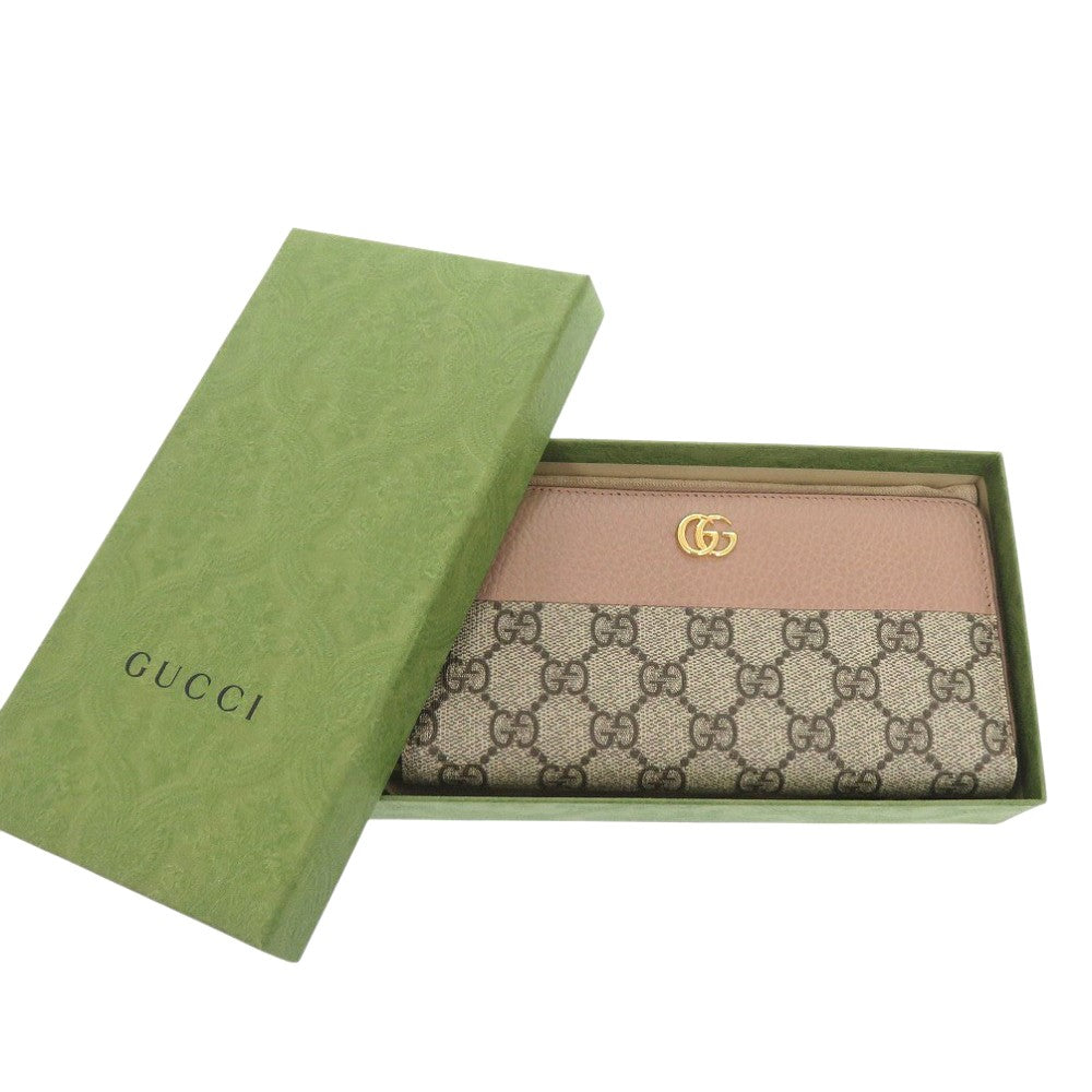 新品同様 グッチ GGマーモント 456117 GGスプリーム レザー ピンク ベージュ ラウンドファスナー 長財布 1092【中古】GUCCI