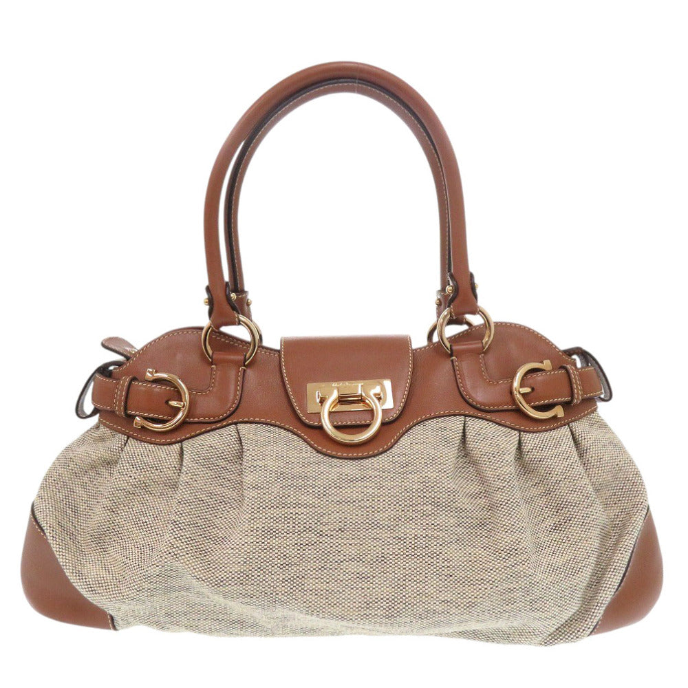 美品 サルヴァトーレフェラガモ マリッサ ガンチーニ キャンバス レザー ベージュ ハンドバッグ 1195【中古】Salvatore Ferragamo