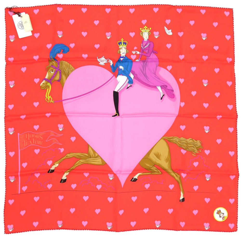 未使用 エルメス カレ70 ティータイム tea time スカーフ ハート シルク ROUGE 1263【中古】HERMES