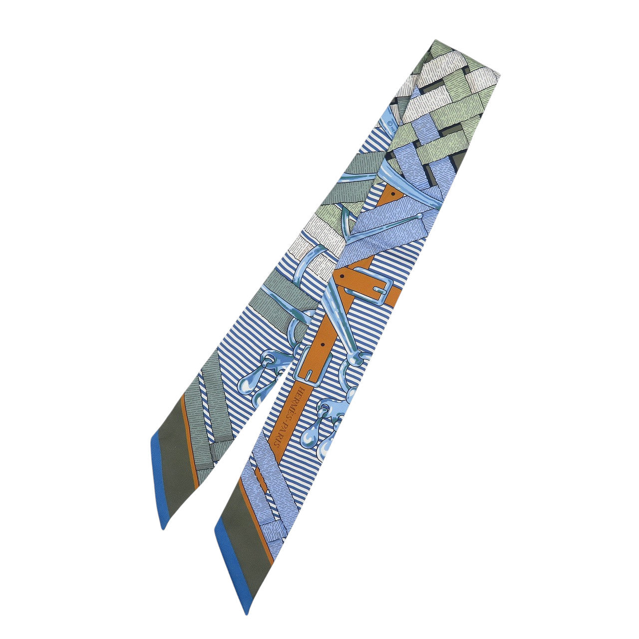 美品 エルメス ツイリー Morsa Jouets Chemise シルク ヴェール・アマンド ブルー ホワイト スカーフ 1267【中古】HERMES