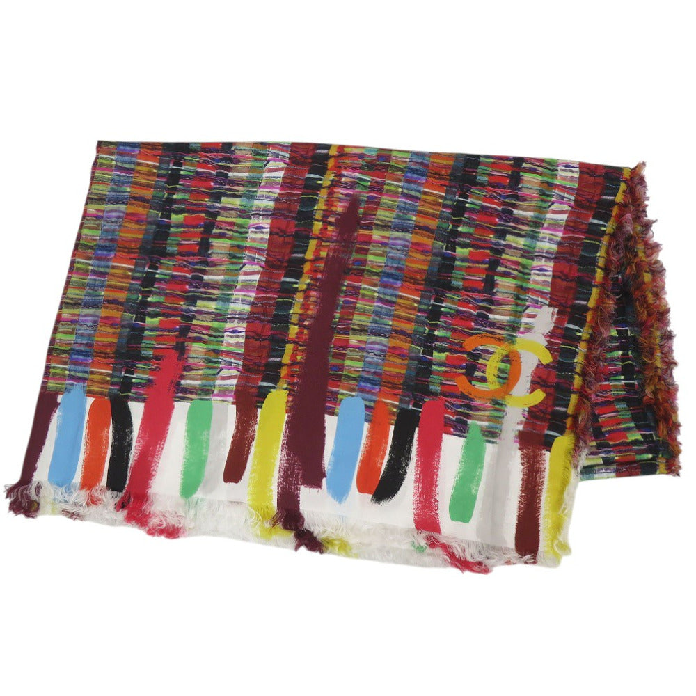 美品 シャネル ココマーク 大判ストール ツイード転写 ストール シルク マルチカラー 1647【中古】CHANEL