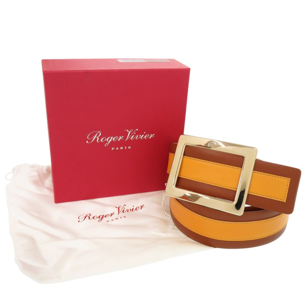 美品 ロジェヴィヴィエ スクエアバックル レザー イエロー ブラウン ベルト 1659【中古】Roger Vivier