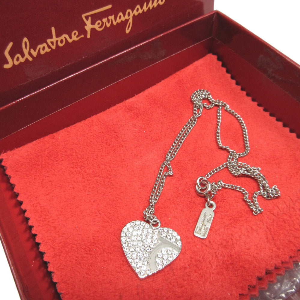 美品 サルヴァトーレ フェラガモ ガンチーニ ハート ラインストーン メタル シルバー ネックレス 1808【中古】Salvatore Ferragamo