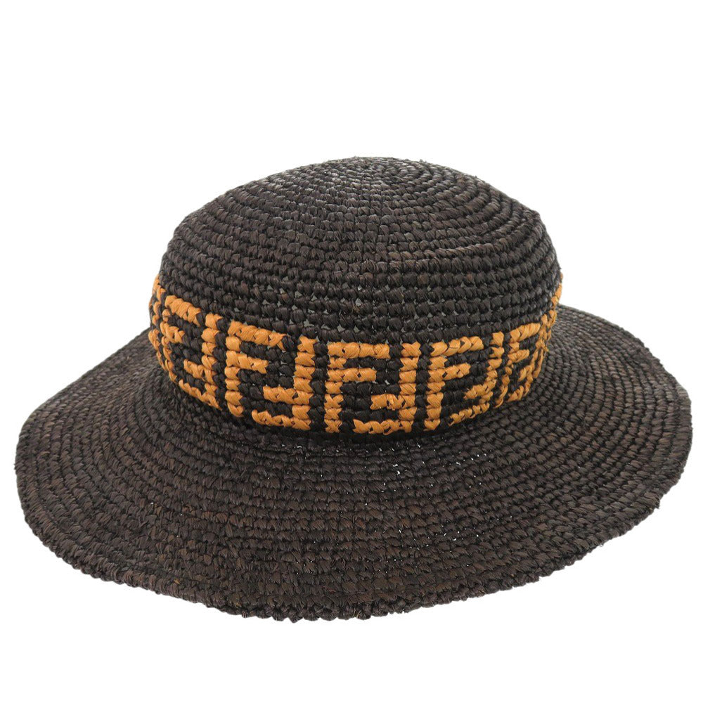 美品 フェンディ ロゴ ラフィア ブラック 帽子 ハット 1889【中古】FENDI