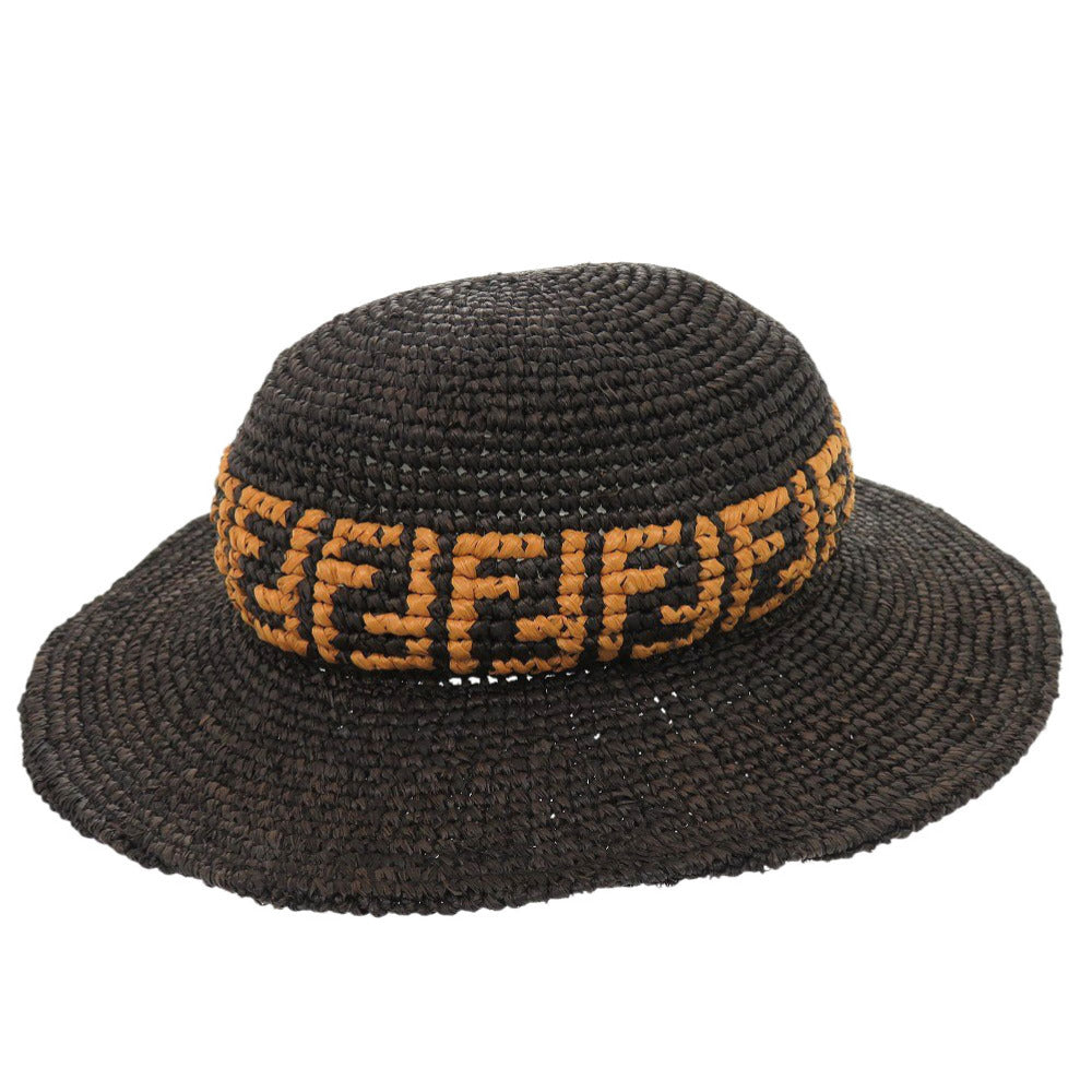 美品 フェンディ ロゴ ラフィア ブラック 帽子 ハット 1889【中古】FENDI