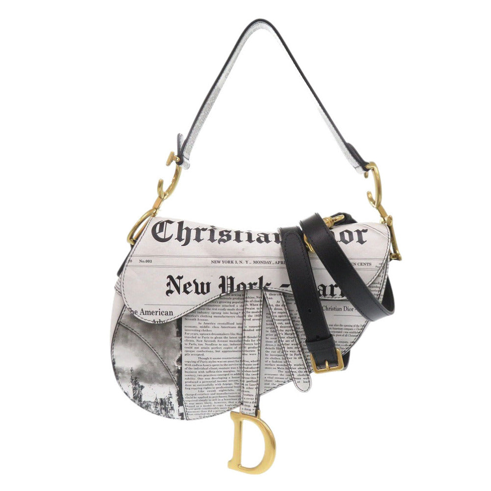 新品同様 クリスチャンディオール ニュースペーパー サドルバッグ レザー ブラック ホワイト 2wayハンドバッグ 黒 0020【中古】Christian Dior