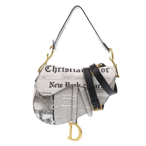 新品同様 クリスチャンディオール ニュースペーパー サドルバッグ レザー ブラック ホワイト 2wayハンドバッグ 黒 0020【中古】Christian Dior