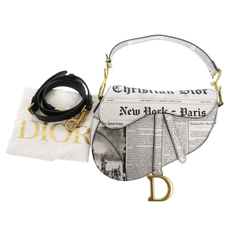 新品同様 クリスチャンディオール ニュースペーパー サドルバッグ レザー ブラック ホワイト 2wayハンドバッグ 黒 0020【中古】Christian Dior