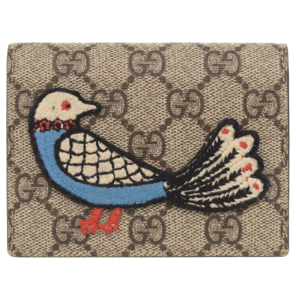 美品 グッチ 鳥 刺繍 456867 GGスプリーム ベージュ 二つ折り財布 0045【中古】GUCCI