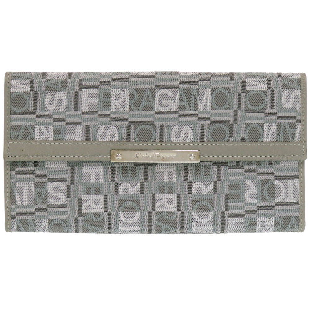 美品 サルヴァトーレフェラガモ JV-22 8249 レザー/キャンバス グレー 長財布 0072【中古】Salvatore Ferragamo