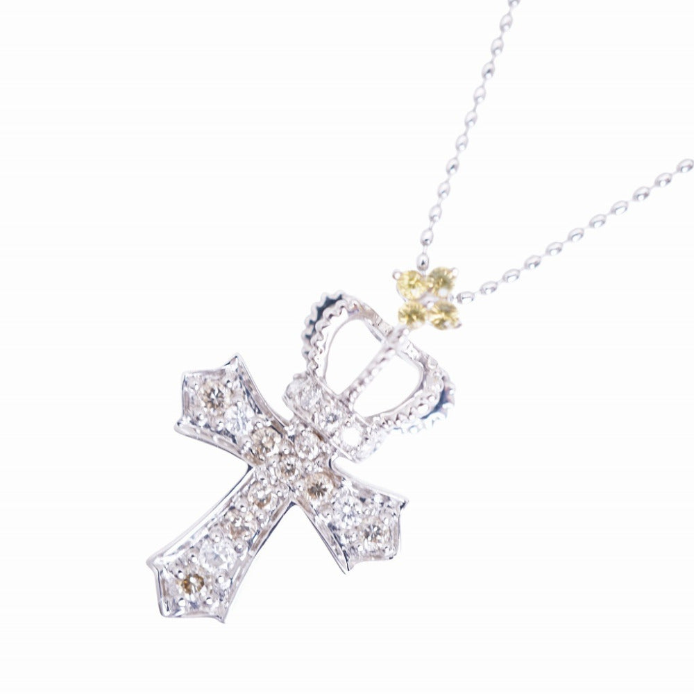 美品 クロス クラウン デザイン ダイヤ0.15ct イエローサファイア0.05ct K18WG ネックレス ホワイトゴールド ダイヤモンド ジュエリー 0099【中古】レディース