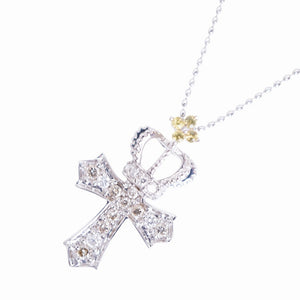 美品 クロス クラウン デザイン ダイヤ0.15ct イエローサファイア0.05ct K18WG ネックレス ホワイトゴールド ダイヤモンド ジュエリー 0099【中古】レディース