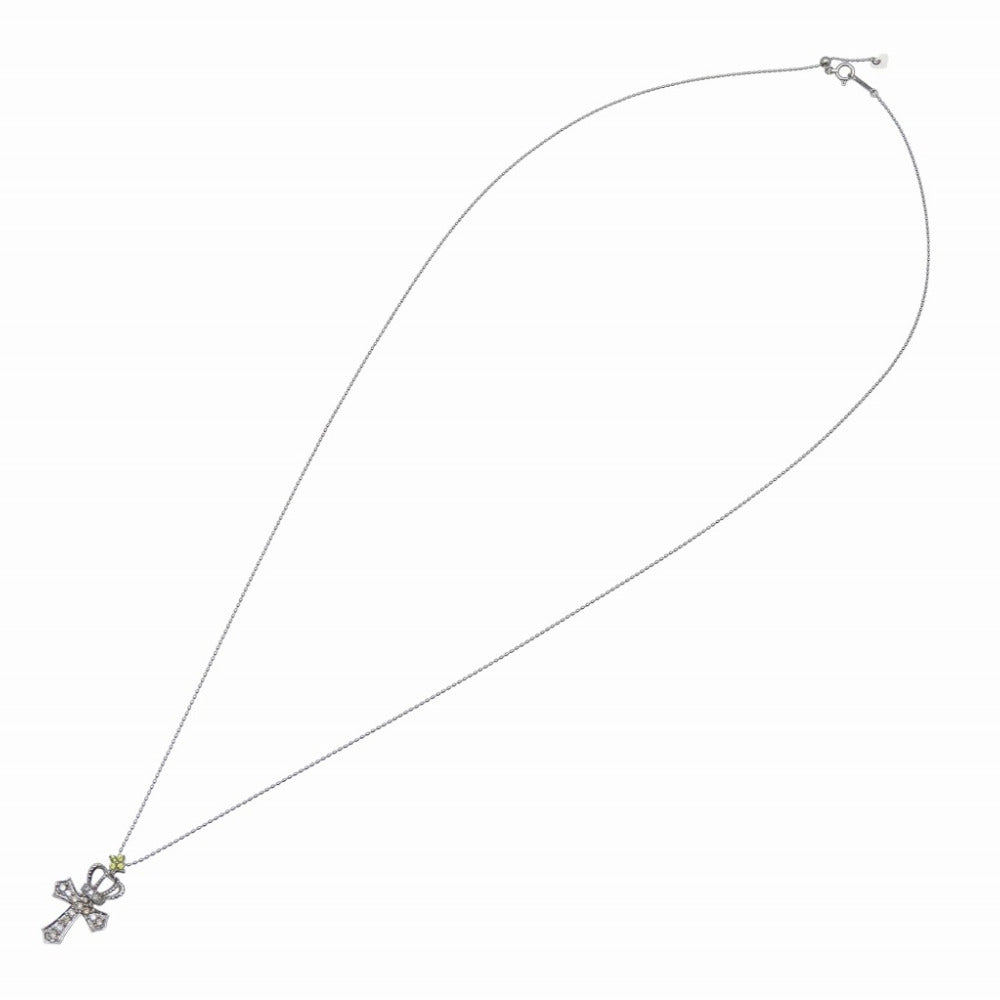 美品 クロス クラウン デザイン ダイヤ0.15ct イエローサファイア0.05ct K18WG ネックレス ホワイトゴールド ダイヤモンド ジュエリー 0099【中古】レディース