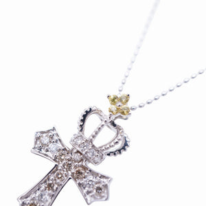 美品 クロス クラウン デザイン ダイヤ0.15ct イエローサファイア0.05ct K18WG ネックレス ホワイトゴールド ダイヤモンド ジュエリー 0099【中古】レディース