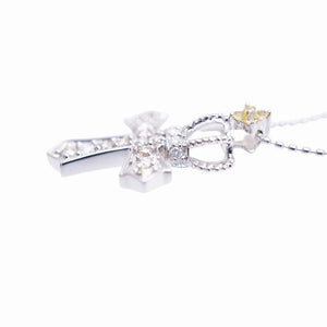 美品 クロス クラウン デザイン ダイヤ0.15ct イエローサファイア0.05ct K18WG ネックレス ホワイトゴールド ダイヤモンド ジュエリー 0099【中古】レディース