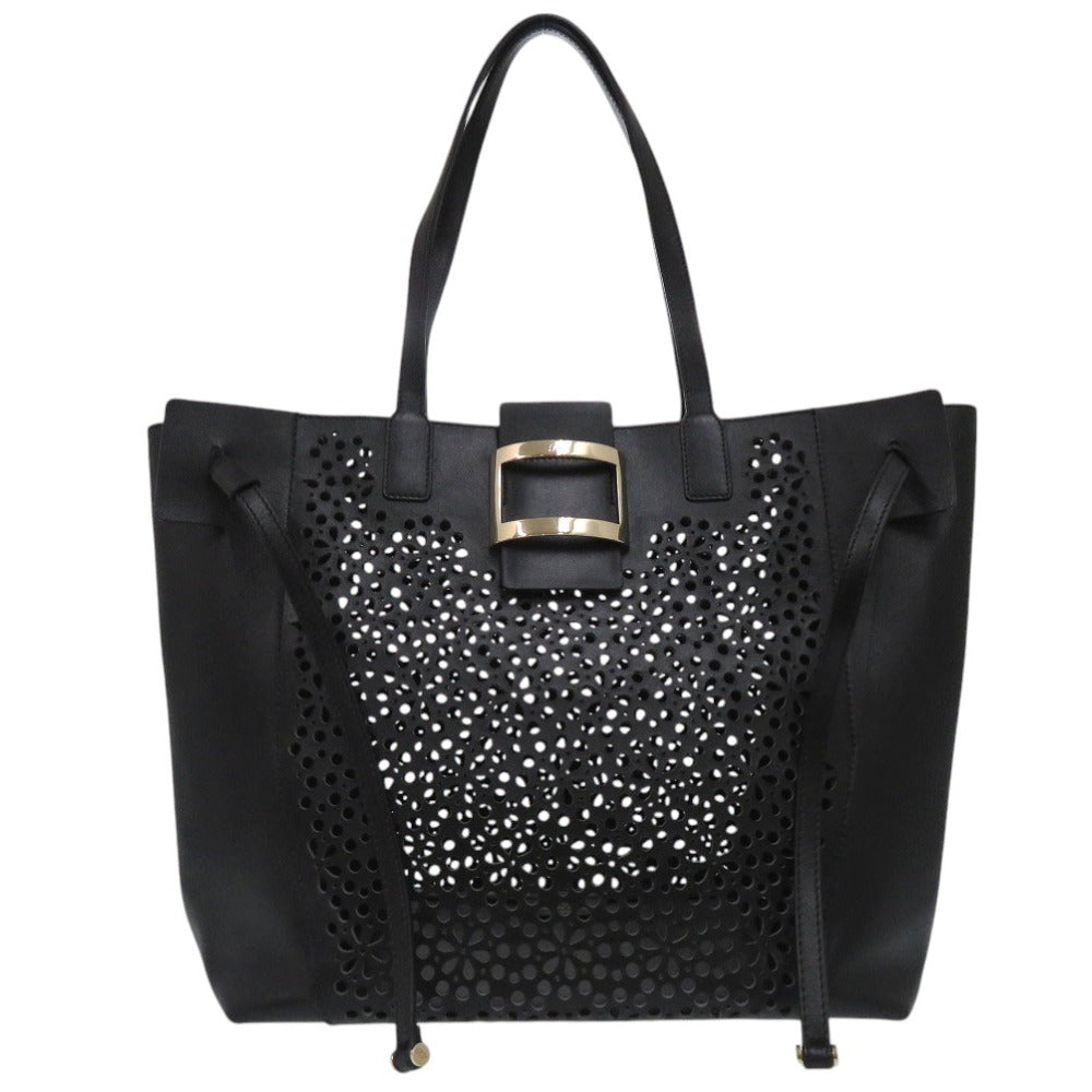 美品 VIV SKIN DENTELLE ハンドバッグ カットワーク レース ポーチ付き 花柄 フラワー レザー ブラック 0250【中古】ROGER VIVIER