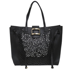 美品 VIV SKIN DENTELLE ハンドバッグ カットワーク レース ポーチ付き 花柄 フラワー レザー ブラック 0250【中古】ROGER VIVIER