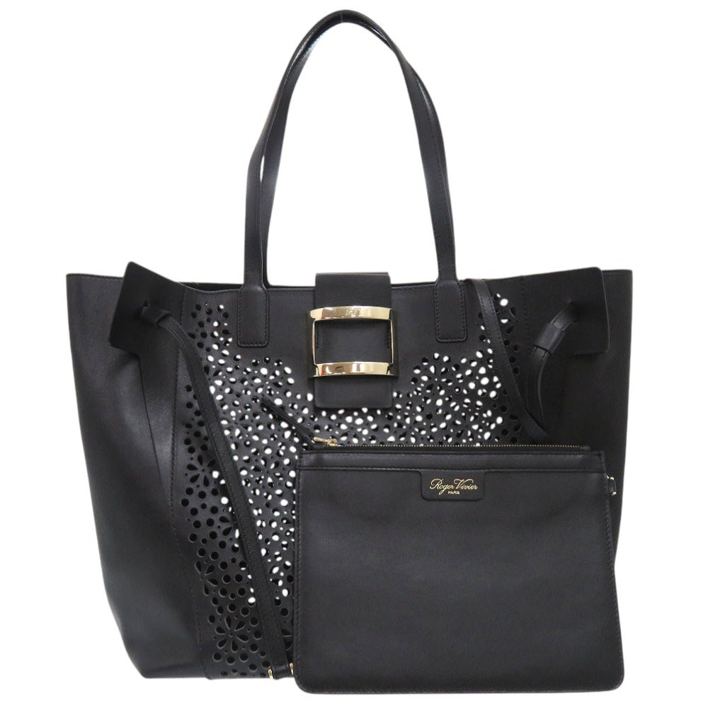美品 VIV SKIN DENTELLE ハンドバッグ カットワーク レース ポーチ付き 花柄 フラワー レザー ブラック 0250【中古】ROGER VIVIER