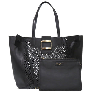 美品 VIV SKIN DENTELLE ハンドバッグ カットワーク レース ポーチ付き 花柄 フラワー レザー ブラック 0250【中古】ROGER VIVIER