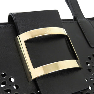 美品 VIV SKIN DENTELLE ハンドバッグ カットワーク レース ポーチ付き 花柄 フラワー レザー ブラック 0250【中古】ROGER VIVIER