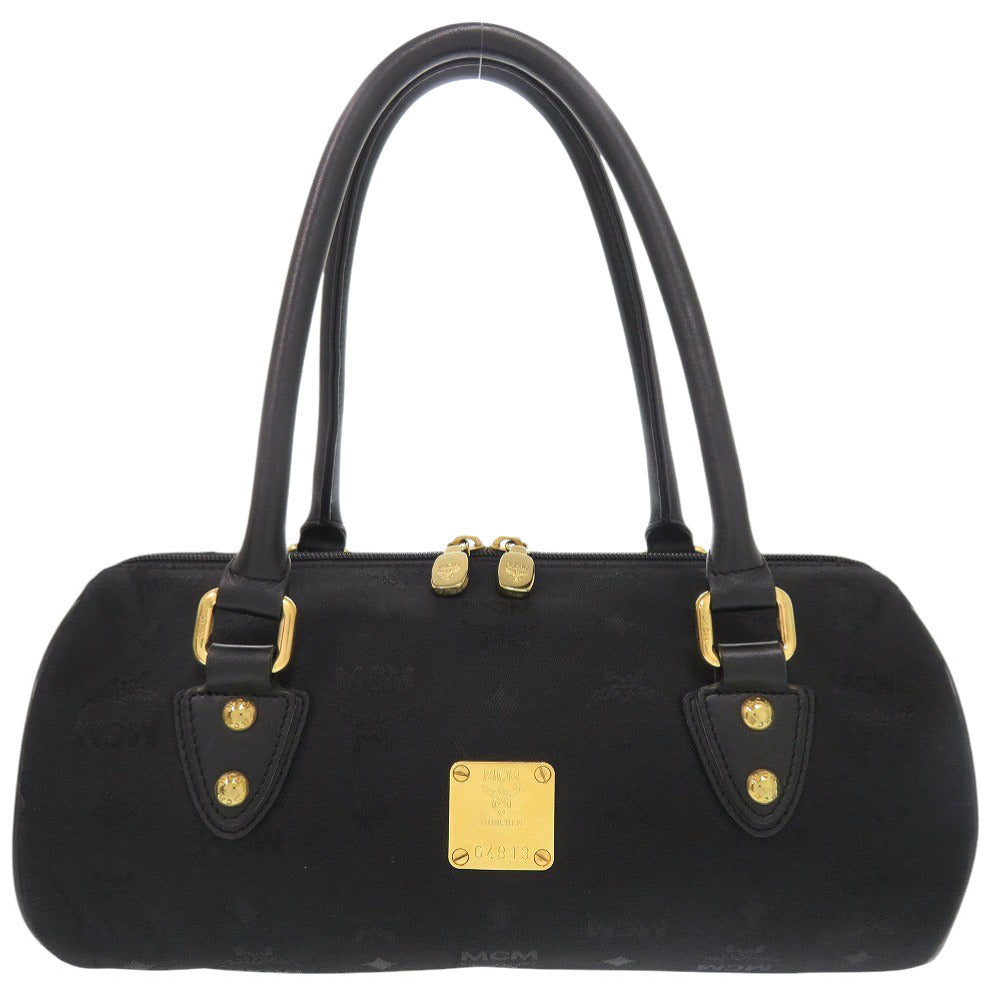 美品 エム シー エム ロゴプレート キャンバス ブラック ハンドバッグ 黒 0405【中古】MCM