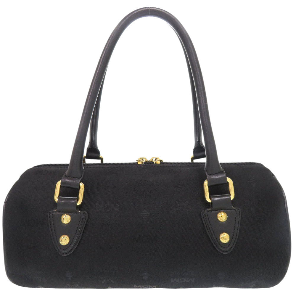 美品 エム シー エム ロゴプレート キャンバス ブラック ハンドバッグ 黒 0405【中古】MCM