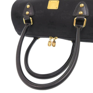 美品 エム シー エム ロゴプレート キャンバス ブラック ハンドバッグ 黒 0405【中古】MCM