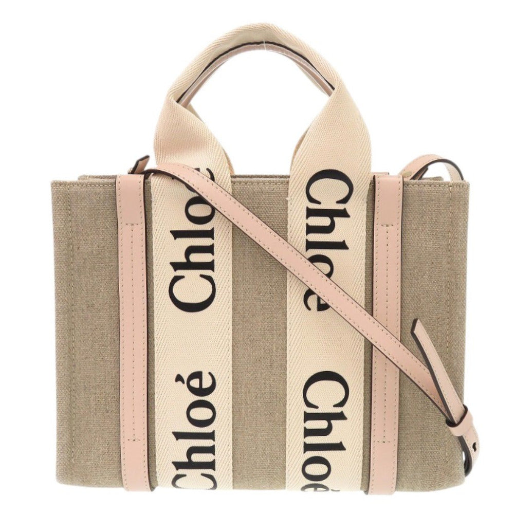 美品 クロエ WOODY スモールトートバッグ レザー/リネンキャンバス ベージュ ピンク 2wayハンドバッグ 0469【中古】Chloe