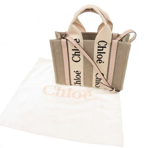 美品 クロエ WOODY スモールトートバッグ レザー/リネンキャンバス ベージュ ピンク 2wayハンドバッグ 0469【中古】Chloe